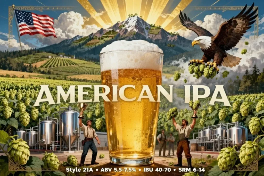 American IPA en copa tulipa mostrando su color dorado brillante característico