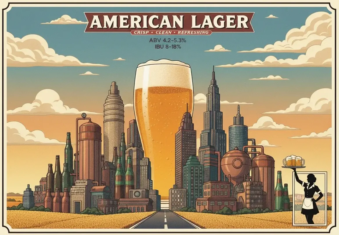 American Lager dorada pálida cristalina con espuma blanca esponjosa en vaso pinta americano, carbonatación visible efervescente, fondo contexto cervecería americana histórica barriles madera vintage, atmósfera refrescante bebibilidad democrática, estética americana clásica tradición, banner "AMERICAN LAGER" especificaciones BJCP 1B ABV 4.2-5.3% IBU 8-18 SRM 2-4, estilo póster americano vintage clásico