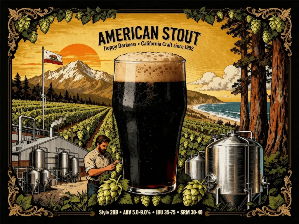American Stout en copa mostrando su color negro opaco característico con espuma cremosa