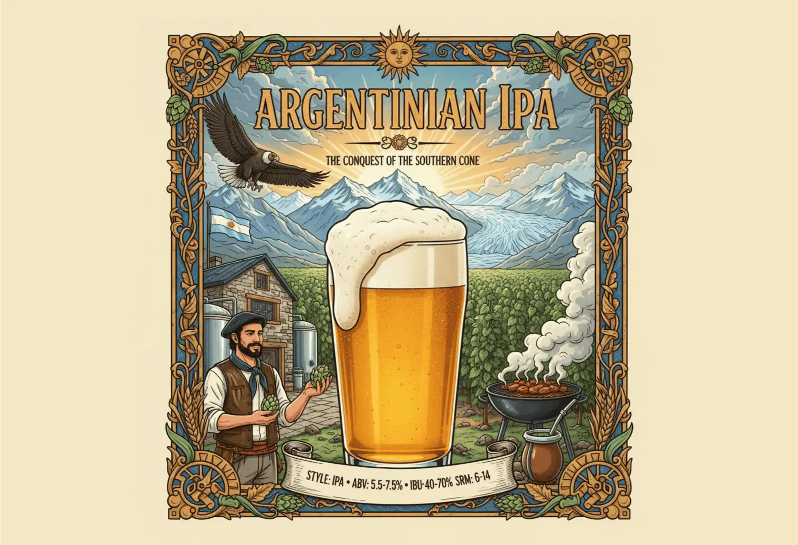 Argentine IPA en copa tulipán mostrando su color dorado cobrizo con espuma cremosa persistente