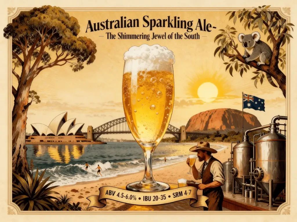 Australian Sparkling Ale en vaso mostrando su color dorado con turbidez característica y espuma abundante