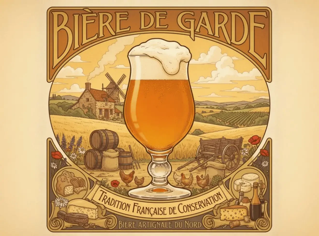 Bière de Garde en copa tulipán mostrando su color ámbar característico