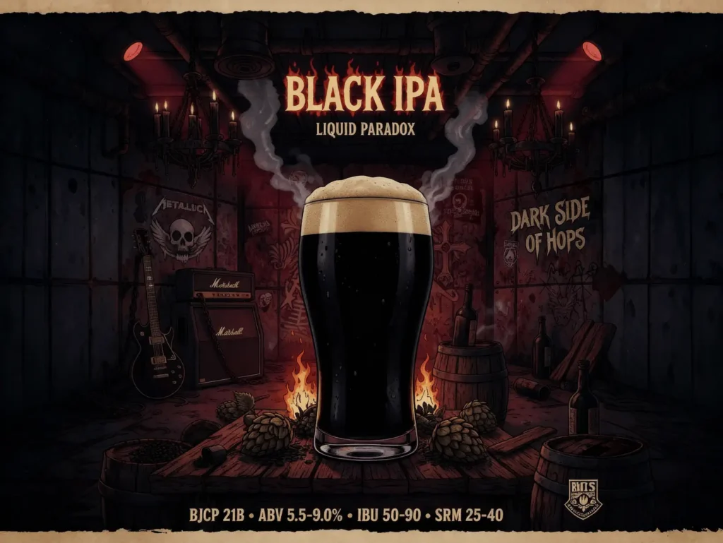 Black IPA en pinta mostrando su color negro opaco con espuma beige