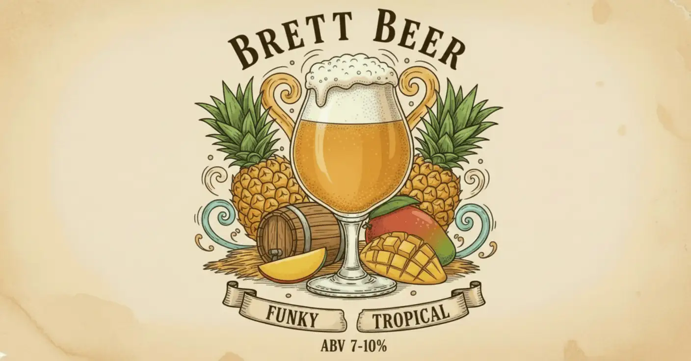 Infografía Brett Beer con copa tulip mostrando características funky y tropicales
