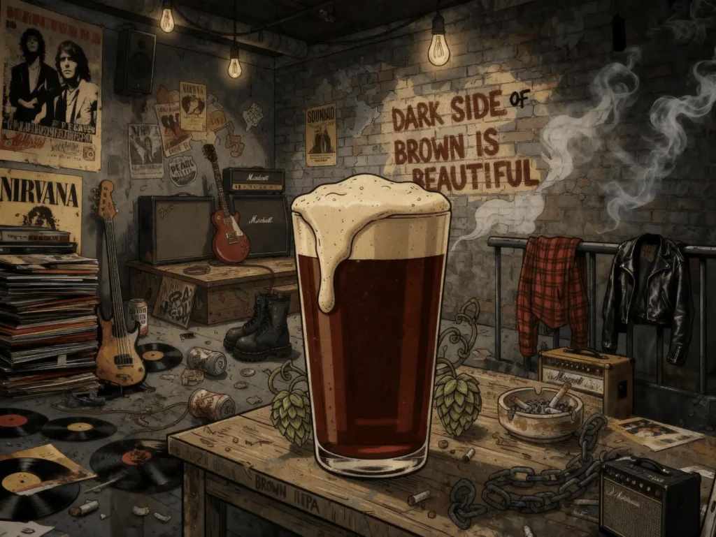 Brown IPA en copa tulipán mostrando su color marrón oscuro característico