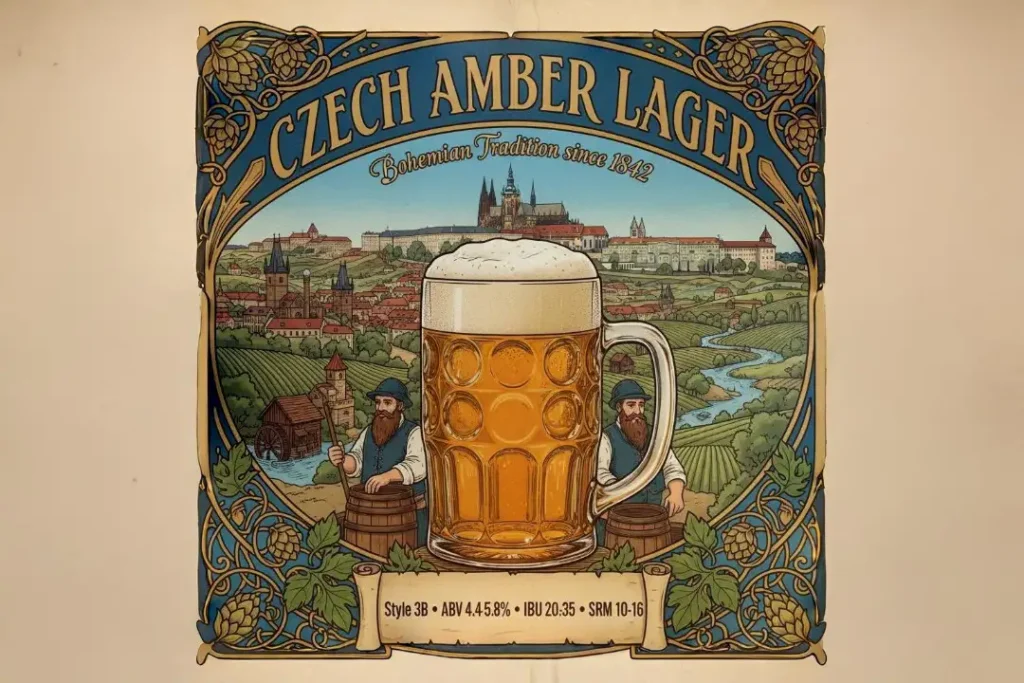 Czech Amber Lager ámbar profundo a cobre-rojizo con espuma densa blanca persistente en jarra checa vidrio asa robusta, claridad brillante, fondo contexto Bohemia tradición cervecera siglo XIX, atmósfera República Checa, estética art nouveau bohemia, banner CZECH AMBER LAGER especificaciones BJCP 3C ABV 4.4-5.8% IBU 20-35 SRM 10-16