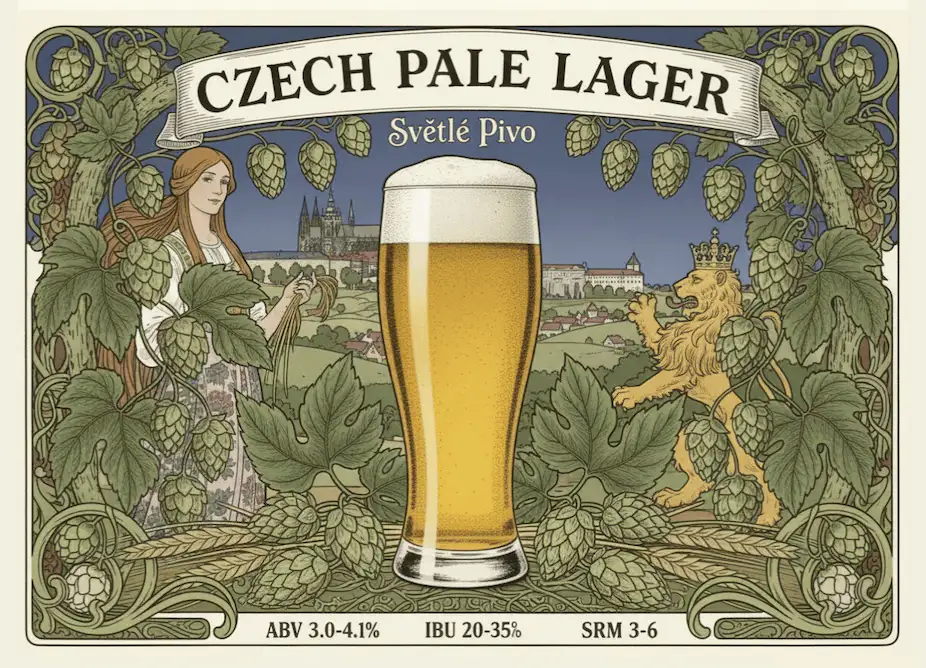 Czech Pale Lager amarillo pálido dorado cristalina con espuma blanca densa persistente en vaso pilsner checo, claridad brillante reflejando lagering prolongado, fondo contexto Bohemia hospoda tradicional plantas lúpulo Saaz, atmósfera sesión social checa bebibilidad, estética Art Nouveau checa tradicional Mucha, banner "CZECH PALE LAGER" especificaciones BJCP 3A ABV 3.0-4.1% IBU 20-35 SRM 3-6, estilo póster checo tradicional elegante