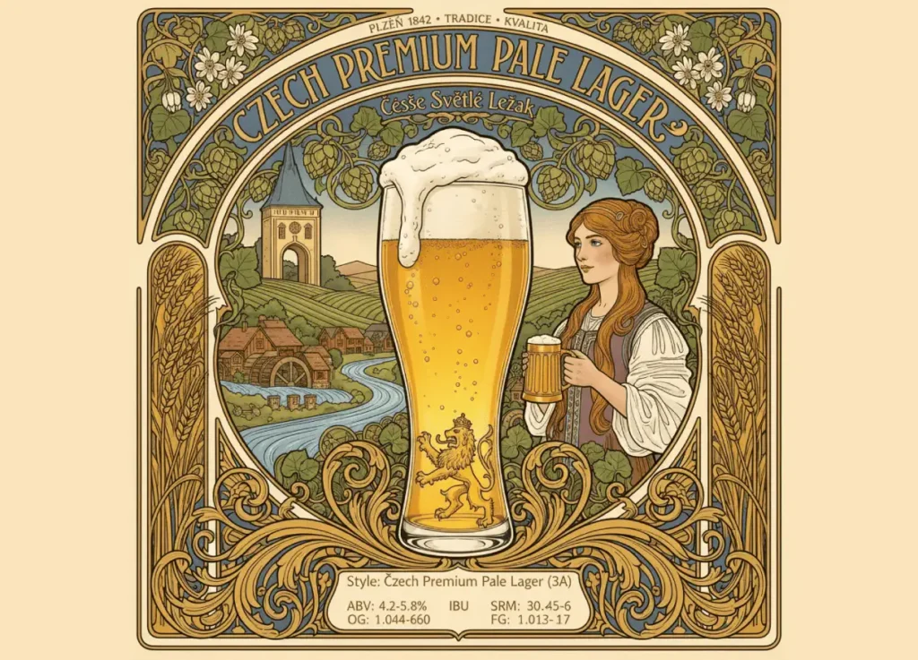 Czech Premium Pale Lager dorado profundo brillante cristalina con espuma blanca densa persistente en vaso pilsner, claridad perfecta reflejando lagering prolongado, fondo contexto Plzeň Bohemia castillo región lúpulo Saaz, atmósfera revolución cervecera histórica 1842, estética Art Nouveau checa tradicional, banner "CZECH PREMIUM PALE LAGER" especificaciones BJCP 3B ABV 4.2-5.8% IBU 30-45 SRM 3.5-6, estilo póster checo revolucionario histórico