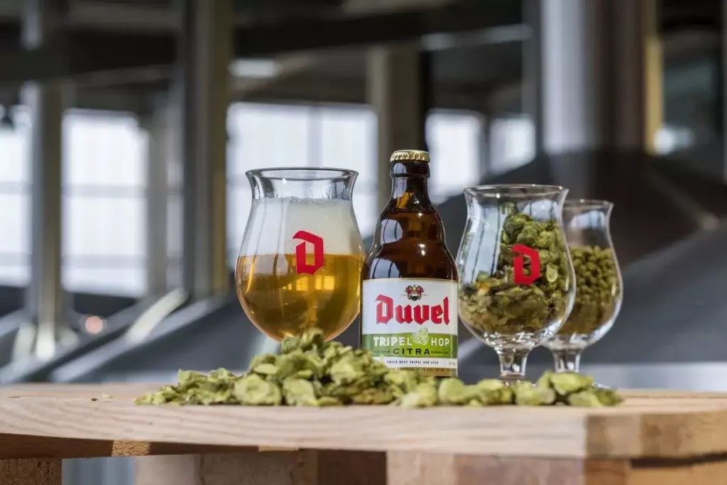 Duvel Tripel Hop Citra servida en copa tulipán mostrando su color dorado brillante