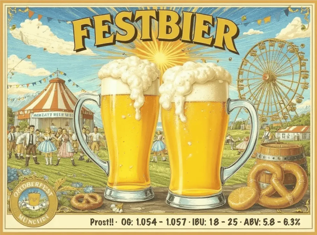 Festbier amarillo profundo dorado cristalina con espuma blanca cremosa persistente en Mass bávara, claridad brillante reflejando lagering prolongado, fondo contexto Oktoberfest Munich carpa cervecería tradicional, atmósfera maltosidad elegante bebibilidad festiva, estética bávara Oktoberfest tradicional celebración, banner "FESTBIER" especificaciones BJCP 4B ABV 5.8-6.3% IBU 18-25 SRM 4-7, estilo póster festivo bávaro tradicional elegante