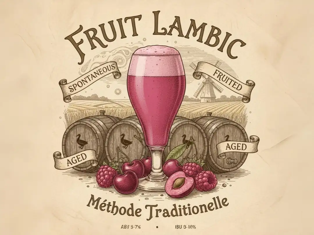 Fruit Lambic roja rubí cristalina con cerezas schaarbeek frescas flotando artísticas, espuma rosa pálido efervescente champagne-like, barricas roble foeders tradicionales fondo cervecera belga histórica Pajottenland, atmósfera artesanal ancestral terroir único, banner "FRUIT LAMBIC" especificaciones BJCP 23F ABV 5.0-7.0% IBU 0-10 fruta real 200-500g/L, estilo póster belga tradicional elegante