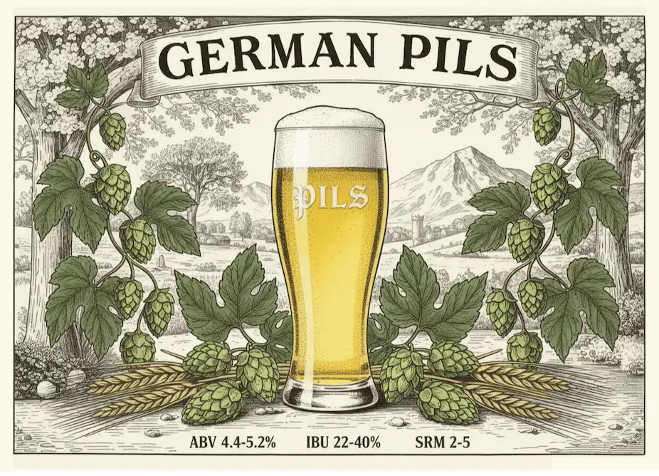 German Pils amarillo pálido a dorado brillante cristalina con espuma blanca cremosa persistente en vaso pilsner, claridad perfecta reflejando lagering prolongado, fondo contexto Alemania rural plantas lúpulo, atmósfera amargor prominente crujiente seco, estética alemana tradicional precisa, banner "GERMAN PILS" especificaciones BJCP 5D ABV 4.4-5.2% IBU 22-40 SRM 2-4, estilo póster alemán tradicional precisión
