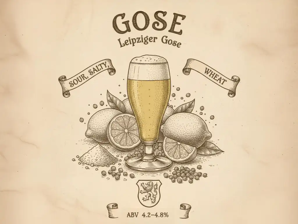 Gose alemana amarillo pajizo pálido cristalino efervescente copa weizen, granos sal marina artesanal y semillas coriandro flotando artístico, espuma blanca densa retención excelente, fondo cervecera histórica Leipzig Gosenschenke tradicional arquitectura alemana siglos XVI-XIX, atmósfera cultural histórica terroir único, banner "GOSE" especificaciones BJCP 23G ABV 4.2-4.8% IBU 5-12 sal+coriandro obligatorios, estilo póster alemán histórico tradicional