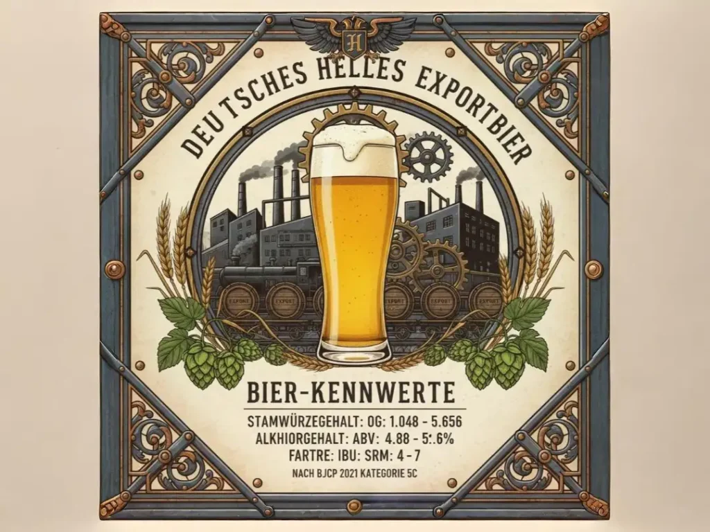 German Helles Exportbier amarillo pálido a dorado claro cristalina con espuma blanca cremosa persistente en vaso pilsner, claridad brillante reflejando lagering prolongado, fondo contexto Dortmund Ruhr región industrial, atmósfera balance malta-lúpulo equilibrio industrial, estética bávara industrial tradicional, banner "GERMAN HELLES EXPORTBIER" especificaciones BJCP 5C ABV 4.5-6.0% IBU 20-30 SRM 3-6, estilo póster industrial bávaro tradicional elegante