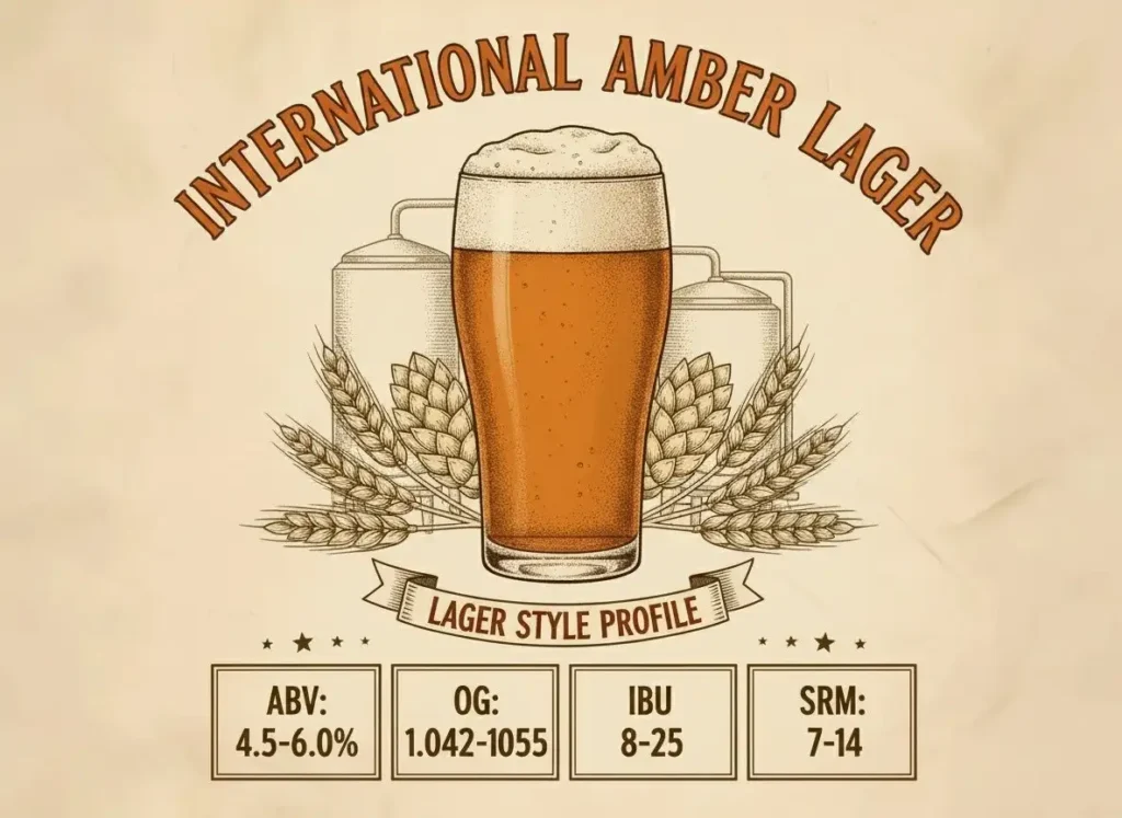 International Amber Lager dorado-ámbar a cobrizo brillante con espuma blanca densa en vaso pilsner, claridad perfecta, fondo contexto mercado global producción industrial, atmósfera comercial accesibilidad, estética vintage años 50 póster cervecero, banner INTERNATIONAL AMBER LAGER especificaciones BJCP 2B ABV 4.5-6.0% IBU 8-25 SRM 6-14