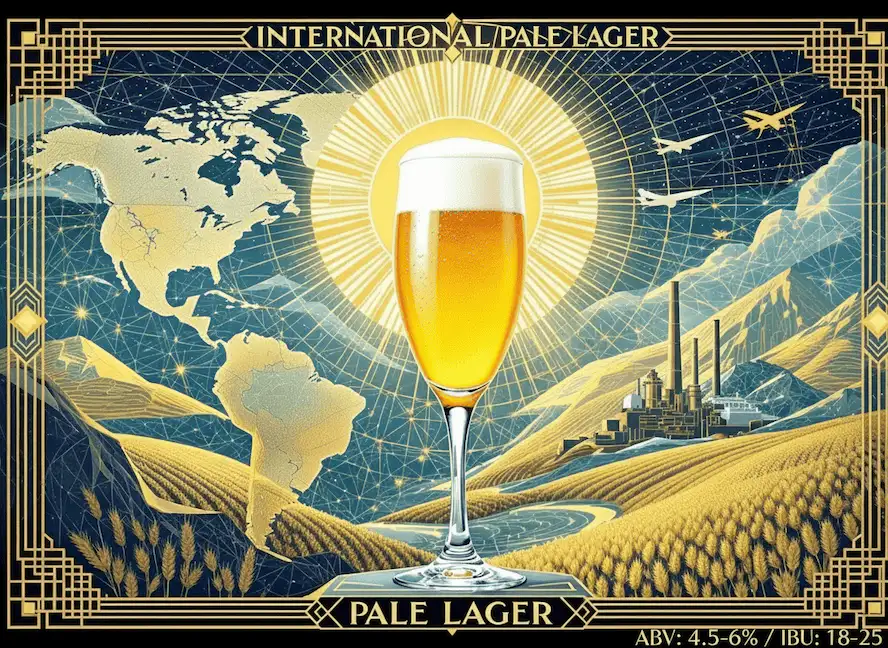 International Pale Lager pajizo pálido cristalina con espuma blanca esponjosa en vaso pilsner, carbonatación alta visible efervescente, fondo contexto global cosmopolita ciudades mundo, atmósfera refrescante accesibilidad universal, estética internacional moderna limpia, banner "INTERNATIONAL PALE LAGER" especificaciones BJCP 2A ABV 4.5-6.0% IBU 18-25 SRM 2-6, estilo póster global moderno cosmopolita