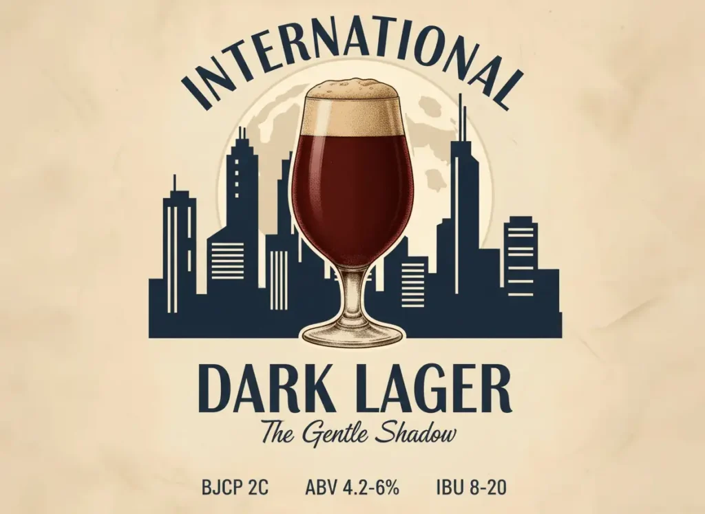 International Dark Lager ámbar profundo a marrón muy oscuro con espuma beige densa en vaso pilsner, claridad brillante con reflejos rubí, fondo contexto producción industrial global, atmósfera comercial accesibilidad, estética vintage industrial, banner INTERNATIONAL DARK LAGER especificaciones BJCP 2C ABV 4.2-6.0% IBU 8-20 SRM 14-30