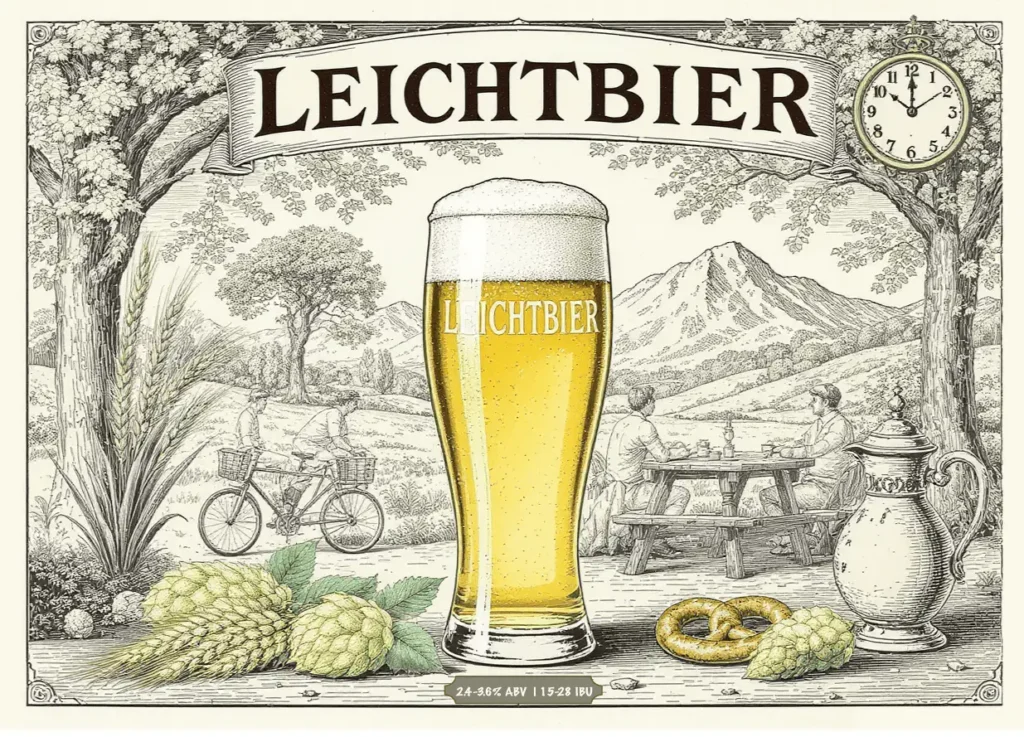 German Leichtbier amarillo pálido dorado cristalina con espuma blanca moderada en vaso pinta, claridad brillante reflejando lagering limpio, fondo contexto Bavaria biergarten tradicional, atmósfera funcionalidad laboral moderación, estética bávara tradicional funcional, banner "GERMAN LEICHTBIER" especificaciones BJCP 5A ABV 2.4-3.6% IBU 15-28 SRM 2-5, estilo póster bávaro tradicional moderación