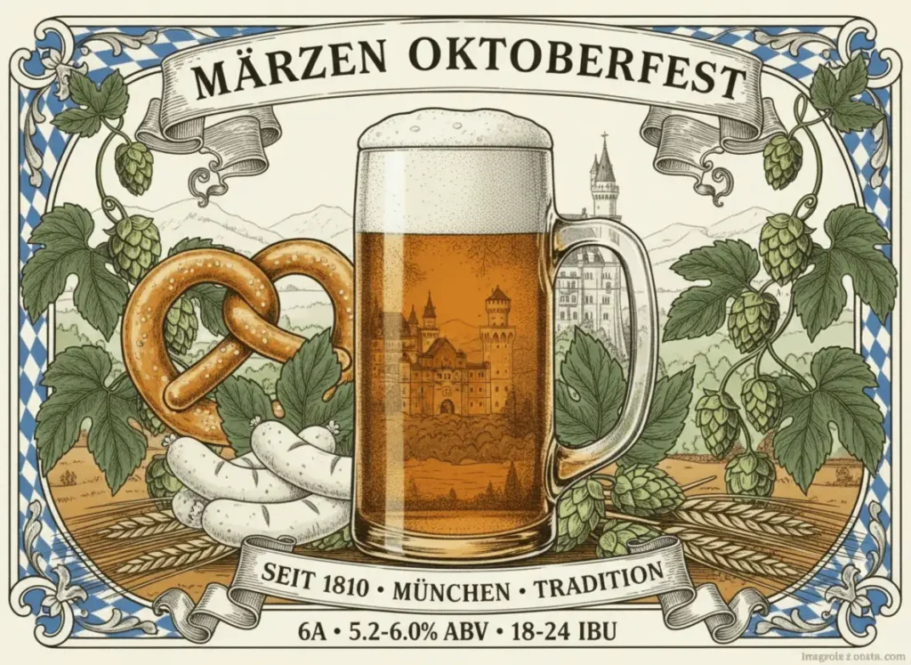 Märzen Oktoberfest ámbar-naranja a cobrizo rojizo con espuma blanca densa persistente en jarra Mass 1L, claridad brillante, fondo contexto Munich 1841 Spaten revolución cervecera, atmósfera Oktoberfest tradición bávara, estética bávara clásica, banner MÄRZEN especificaciones BJCP 6A ABV 5.8-6.3% IBU 18-24 SRM 8-17