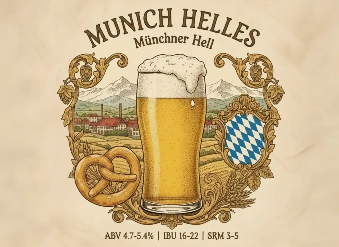 Munich Helles amarillo pálido dorado cristalina con espuma blanca cremosa persistente en Maß bávara, claridad brillante reflejando lagering prolongado, fondo contexto Munich Baviera cervecería tradicional, atmósfera maltosidad granosa elegancia técnica, estética bávara tradicional clásica, banner "MUNICH HELLES" especificaciones BJCP 4A ABV 4.7-5.4% IBU 16-22 SRM 3-5, estilo póster bávaro tradicional elegante