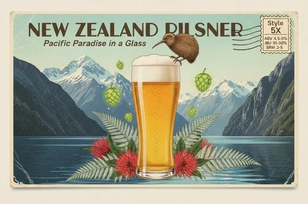 New Zealand Pilsner amarillo pálido dorado brillante con espuma blanca densa persistente en vaso pilsner, claridad perfecta cristalina, fondo contexto Nueva Zelanda paisaje Dunedin región lúpulos tropicales, atmósfera revolución cervecera Pacífico Sur, estética kiwi moderna, banner "NEW ZEALAND PILSNER" especificaciones BJCP X5 ABV 4.5-5.8% IBU 25-45 SRM 2-6