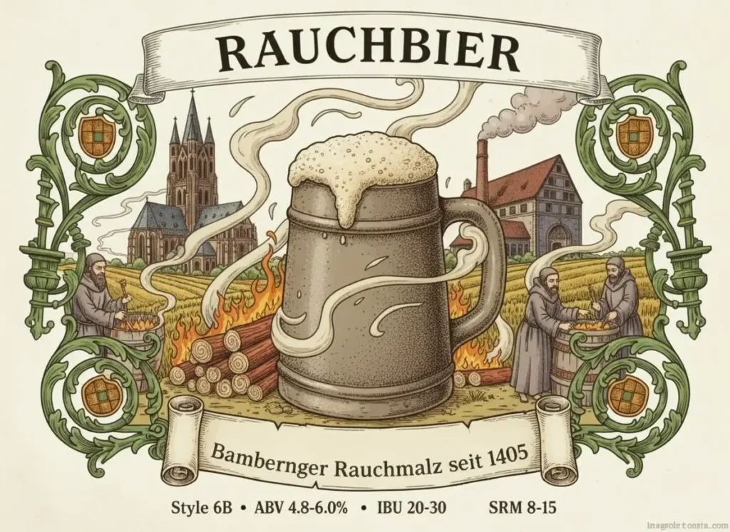 Rauchbier ámbar a marrón cobrizo con espuma densa cremosa en jarra cerámica tradicional Bamberg, claridad brillante, fondo contexto medieval 1405 Schlenkerla tradición, atmósfera Bamberg UNESCO catedral gótica chimenea ahumador, estética medieval preservada, banner RAUCHBIER especificaciones BJCP 6B ABV 4.8-6.0% IBU 20-30 SRM 12-22