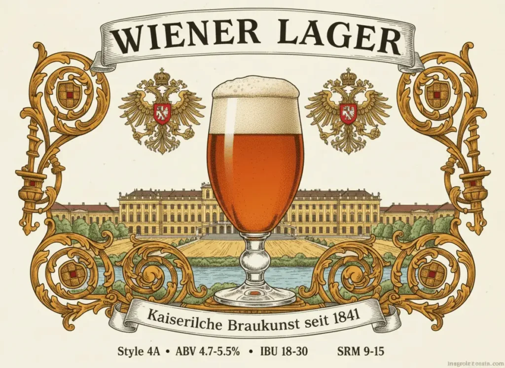 Vienna Lager ámbar rojizo cobrizo con espuma blanca densa persistente en vaso pilsner, claridad brillante, fondo contexto Viena 1841 Anton Dreher revolución cervecera, atmósfera imperio austro-húngaro elegancia imperial, estética art nouveau vienés, banner VIENNA LAGER especificaciones BJCP 7A ABV 4.7-5.5% IBU 18-30 SRM 9-15