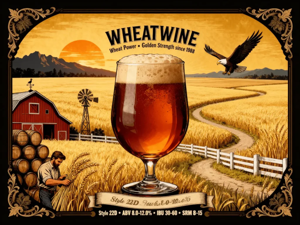 Wheatwine en copa snifter mostrando su color ámbar dorado brillante con espuma cremosa persistente
