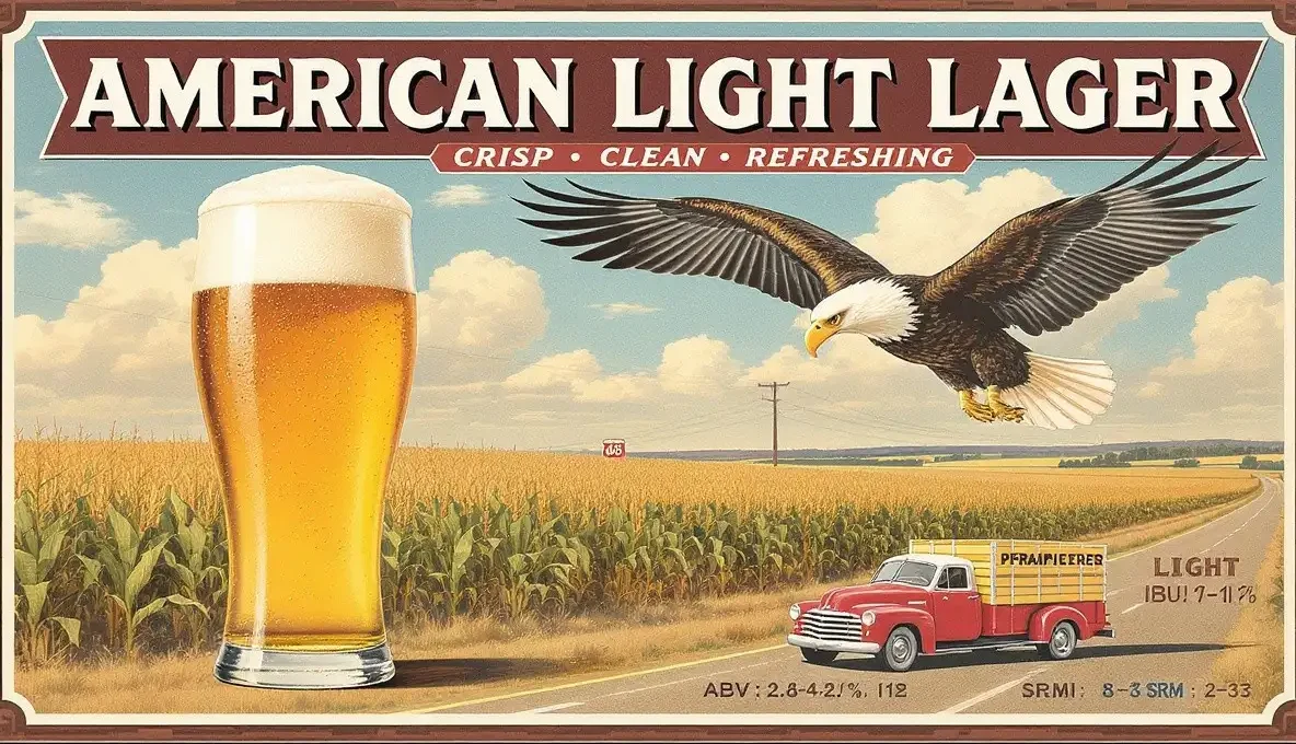 American Light Lager pajiza pálida cristalina con espuma blanca baja retención en vaso pinta, carbonatación vigorosa visible burbujas ascendentes, fondo contexto deportivo americano casual béisbol estadio hot dogs nachos, atmósfera refrescante bebibilidad máxima, estética clean minimalista simplicidad, banner "AMERICAN LIGHT LAGER" especificaciones BJCP 1A ABV 2.8-4.2% IBU 8-12 SRM 2-3 Calorías 96-110, estilo póster moderno americano limpio