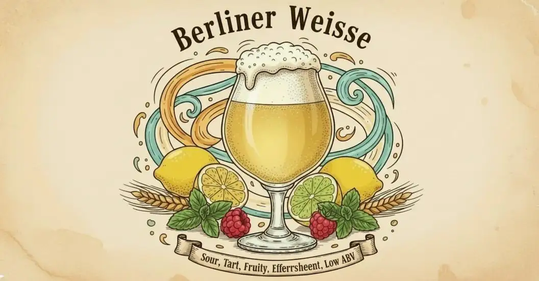 Infografía Berliner Weisse con copa balón, frambuesas y limones representando acidez y siropes tradicionales