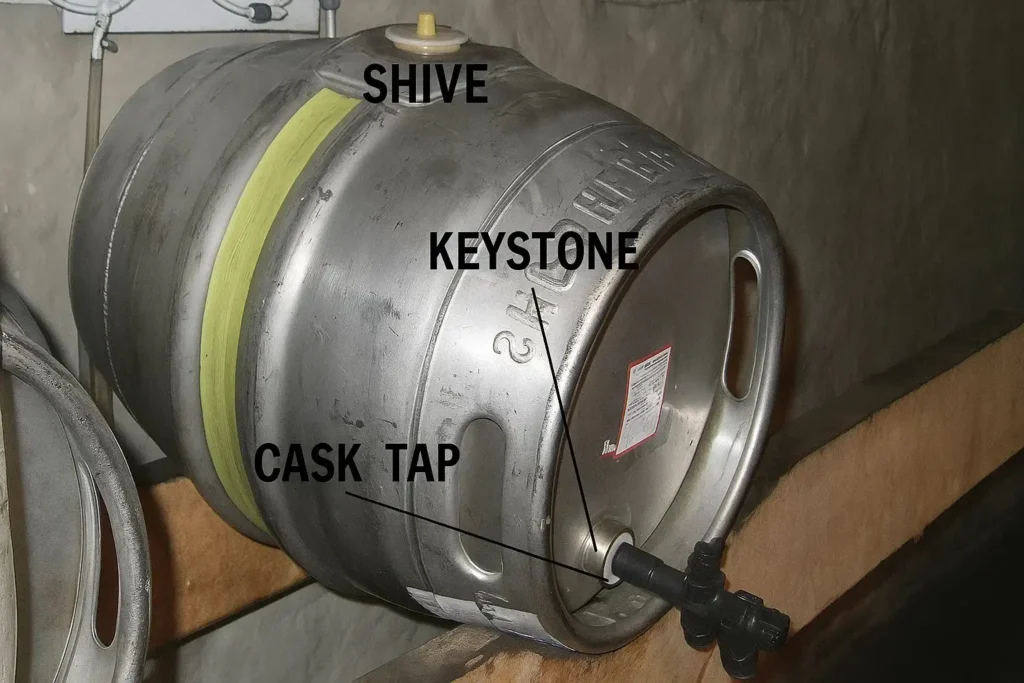 Barril tipo cask tradicional con las partes clave señaladas: shive (orificio superior para ventilación), keystone (centro lateral donde se inserta el grifo) y el cask tap o grifo manual.