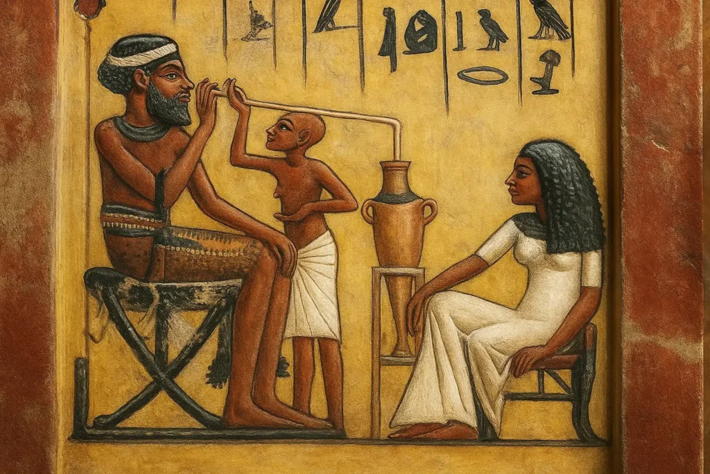 Recreación digital con AI de una escena egipcia que representa el consumo ritual de cerveza mediante una caña.