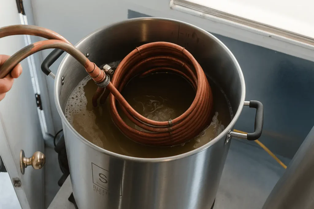 Enfriador de inmersión de cobre sumergido en el mosto caliente, listo para iniciar el proceso de enfriado.