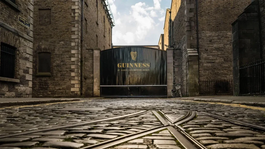 Primer plano del empedrado y raíles históricos frente a la puerta negra con el logo ‘Guinness’ en St. James’s Gate, Dublín 