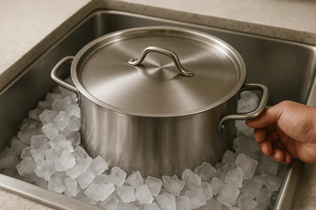 Olla de mosto enfriándose en un baño de hielo dentro de un fregadero de acero inoxidable.