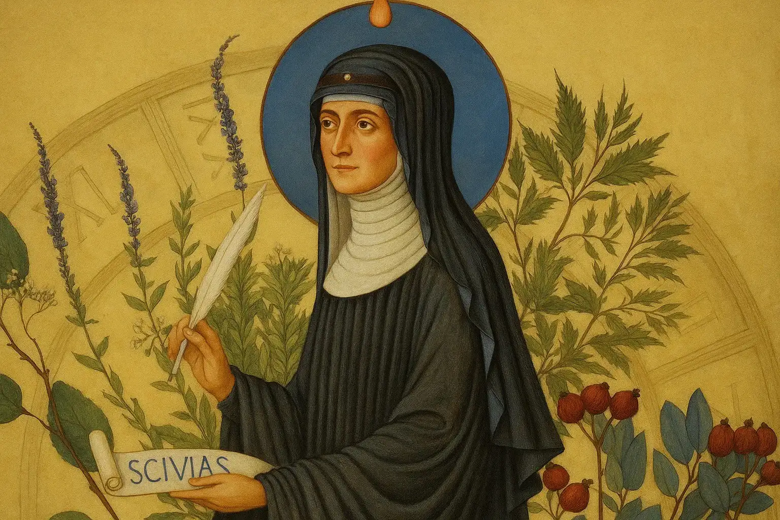 Retrato ilustrado de Hildegarda de Bingen, abadesa y figura clave en la historia de la cerveza y la evolucion del lupulo posterior.