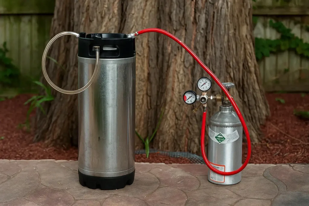 Sistema de carbonatación forzada con barril Cornelius y botella de CO₂.
