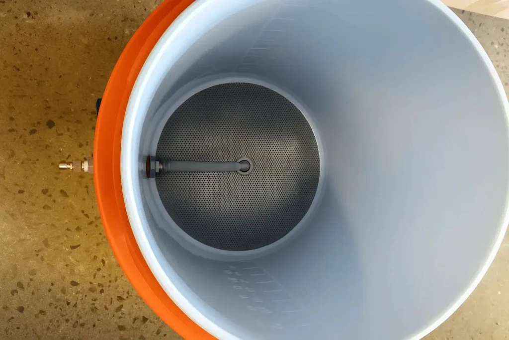 Falso fondo instalado en una nevera de picnic para optimizar el filtrado del mosto.