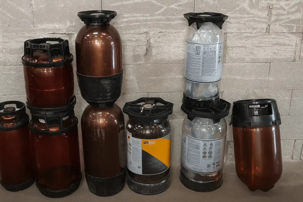 Diversos modelos de barriles PET de un solo uso, incluyendo opciones como KeyKeg, UniKeg y Polykeg...