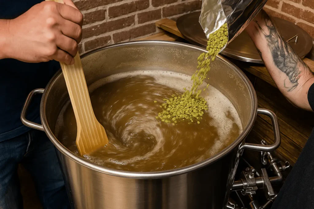 Adición de lúpulo durante el whirlpool en un lote casero de cerveza.