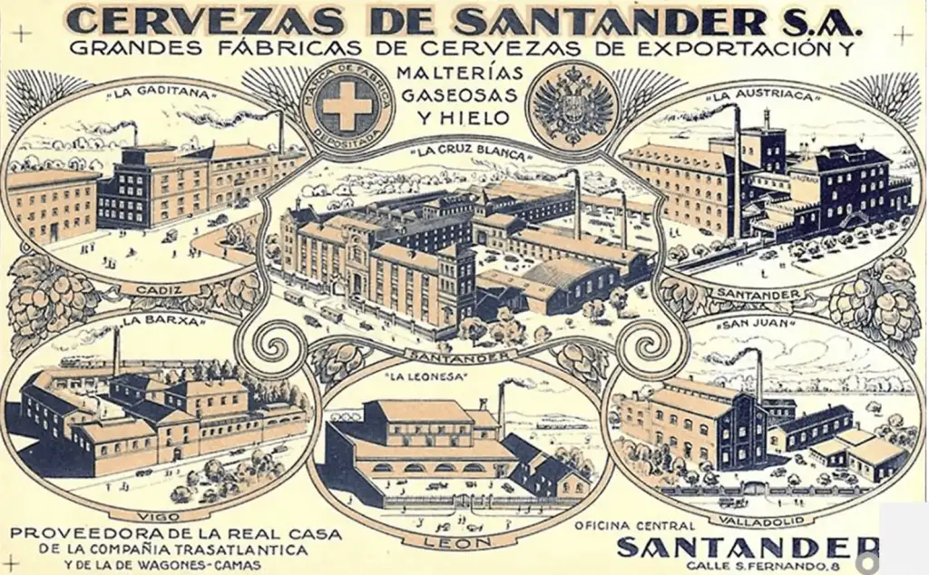 Ilustración publicitaria de Cervezas de Santander S.A. con sus fábricas en distintas ciudades de España a principios del siglo XX
