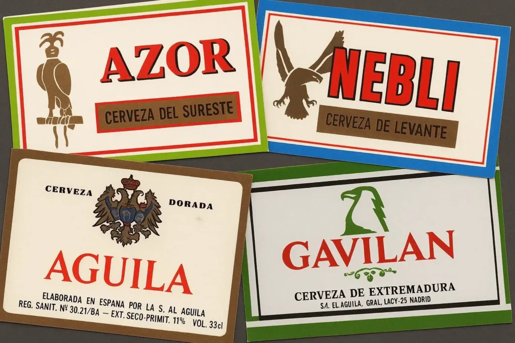 Etiquetas vintage de cervezas El Águila: Azor, Neblí, Gavilán y Águila Dorada