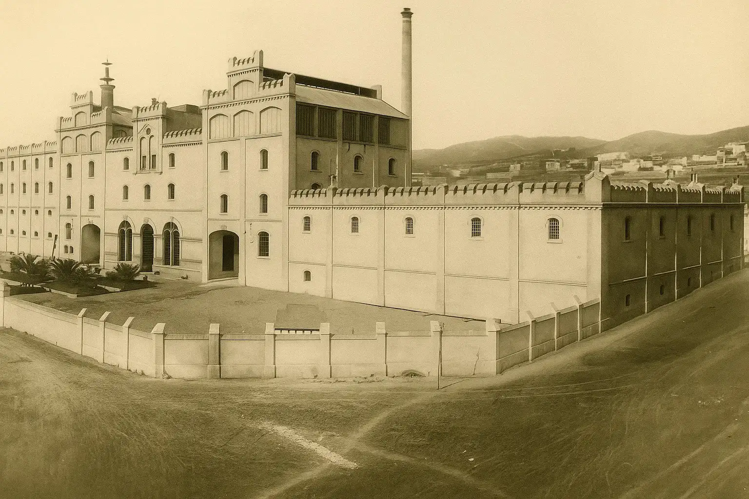 Fotografía antigua restaurada de la fábrica original de cervezas Damm en Barcelona, siglo XIX