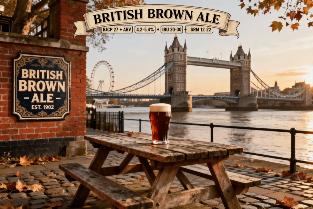 British Brown Ale en vaso nonic mostrando su color ámbar oscuro característico