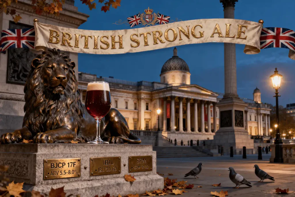 British Strong Ale en copa snifter mostrando su color ámbar rojizo profundo característico