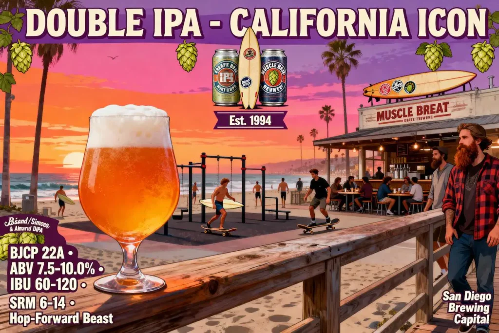 Double IPA en copa tulipán mostrando su color dorado intenso con espuma densa