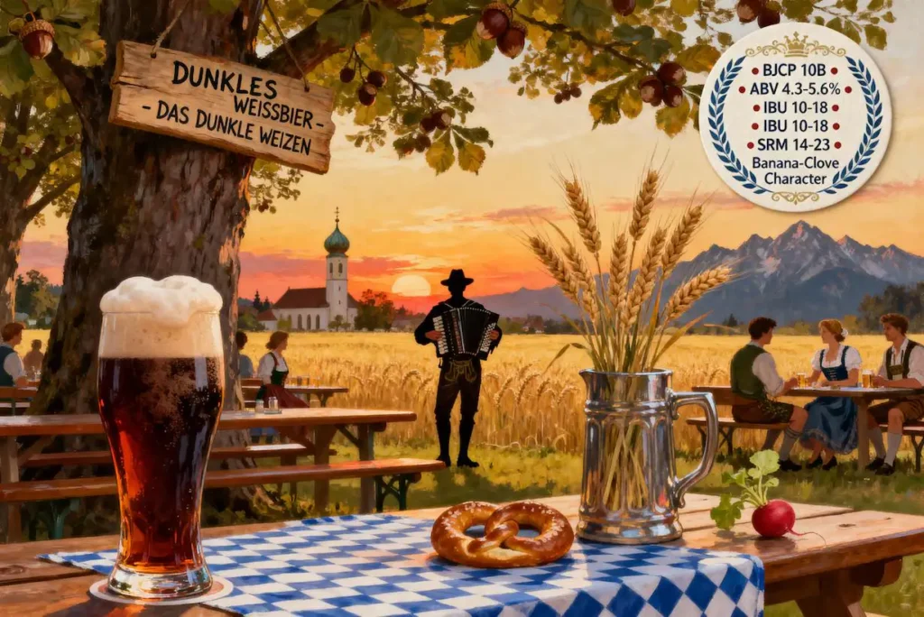 Dunkles Weissbier en vaso weizen tradicional mostrando su color cobre a marrón caoba