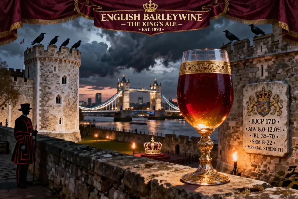 English Barleywine en copa snifter mostrando su color ámbar rojizo con reflejos rubí