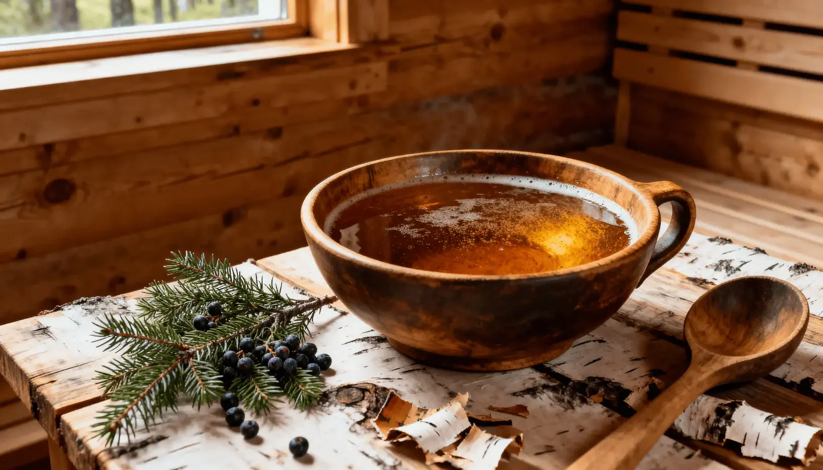 Sahti en recipiente tradicional mostrando su color ámbar turbio característico