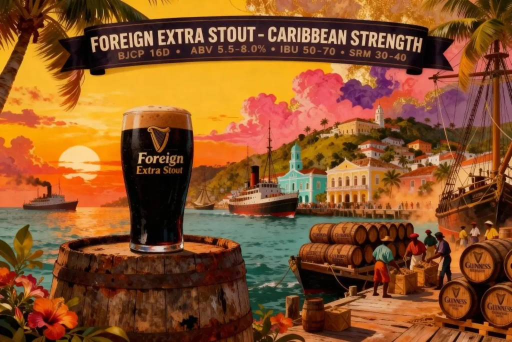 Foreign Extra Stout en vaso pint mostrando su color negro profundo característico